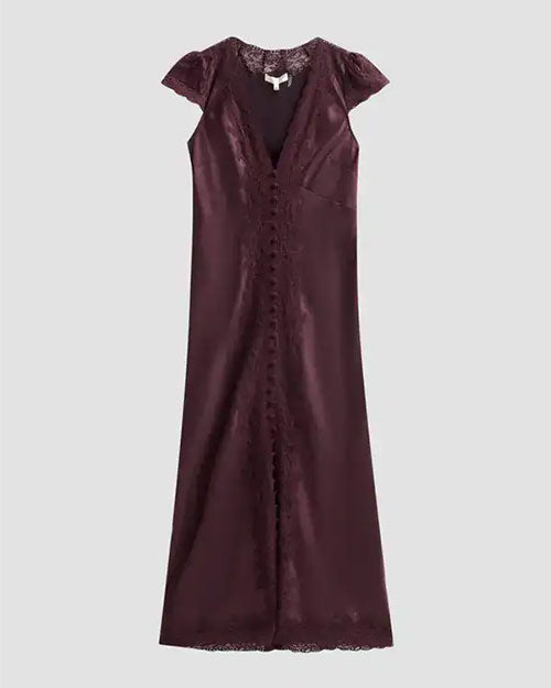 A plum-colored satin dress featuring a deep V-neckline trimmed with floral lace. The dress has delicate lace cap sleeves, a row of fabric-covered buttons down the center front, and lace detailing running along the button placket.