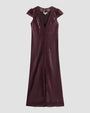 A plum-colored satin dress featuring a deep V-neckline trimmed with floral lace. The dress has delicate lace cap sleeves, a row of fabric-covered buttons down the center front, and lace detailing running along the button placket.