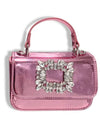 Small metallic pink handbag with a top handle and a front flap adorned with a large rectangular crystal embellishment.