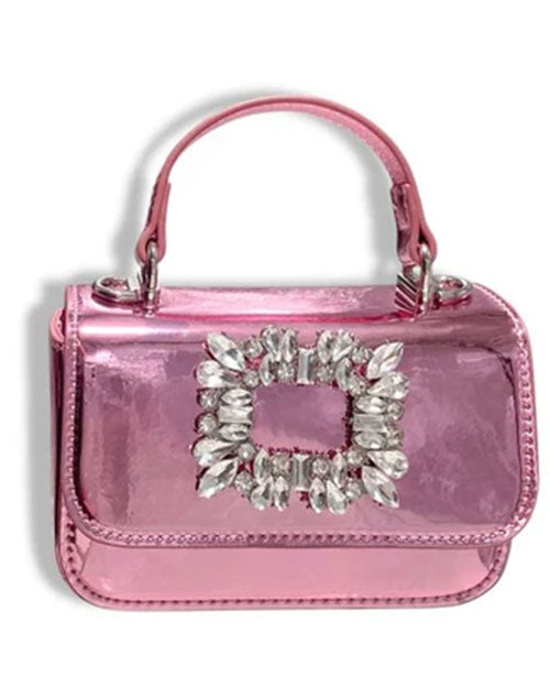 Small metallic pink handbag with a top handle and a front flap adorned with a large rectangular crystal embellishment.