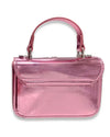 Back view of a small metallic pink handbag with a smooth, glossy finish, a top handle, and a plain flap design without embellishments.