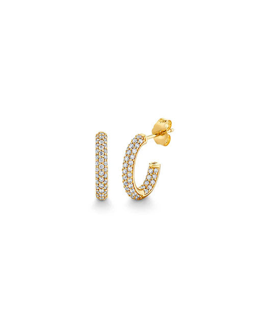 A pair of gold hoop earrings encrusted with small, round white diamonds. One earring is shown from the front, displaying the full circular shape and diamond detailing, while the other is shown from the side, highlighting the thickness and curvature of the hoop. The earrings have a post and butterfly back closure.
