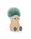 Plush toy shaped like a peanut with textured light brown fabric, a smiling face, a light blue hat with green fluffy hair, and white fuzzy feet with gray soles featuring black stripes.