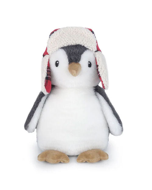  A plush penguin toy with a white belly, gray wings, and a black head. It is wearing a cozy winter hat with red and black plaid flaps and a cream-colored sherpa lining. The penguin has a small orange beak and tan feet, giving it a cute and festive appearance.