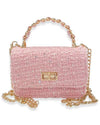 Small rectangular pink tweed handbag embellished with sequins, featuring a gold-tone twist-lock closure, a braided top handle, and a matching chain shoulder strap.
