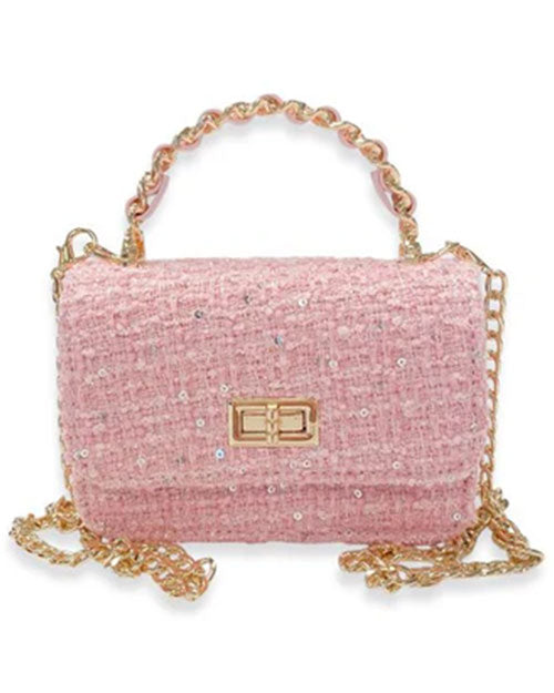 Small rectangular pink tweed handbag embellished with sequins, featuring a gold-tone twist-lock closure, a braided top handle, and a matching chain shoulder strap.