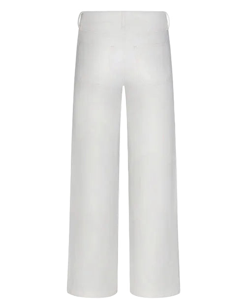 White high-rise wide-leg pants with a clean front, utility-style seam details, and full-length silhouette.