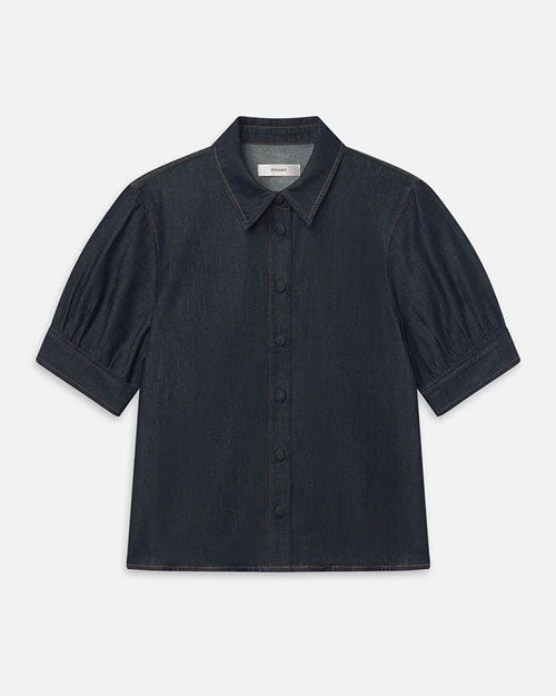 Studio image of a dark denim, button down blouse with short puff sleeves and a collar. 