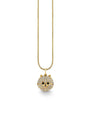 Gold necklace featuring a round pendant shaped like a pomeranian's face, fully encrusted with small white pavé-set gemstones. The pendant includes black gemstone eyes and a tiny nose detail, hanging from a delicate gold chain.