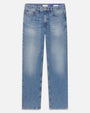 Product image of light-wash blue denim jeans displayed flat against a light background, featuring a mid-rise waist with belt loops, a button and zip closure, and classic five-pocket styling. The jeans have a straight-leg silhouette with heavy fading and whiskering across the thighs and subtle distressing throughout.