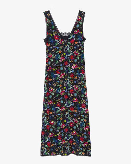 A sleeveless, ankle-length black dress displayed against a plain background. The dress features a colorful floral and botanical print in shades of red, green, blue, and yellow. It has a V-neckline with a delicate black lace trim and a straight silhouette. The fabric appears lightweight and flowy.