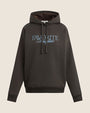 A dark brown oversized hoodie with a drawstring hood and kangaroo pocket. The sweatshirt features the embroidered text “FAVORITE Daughter” across the chest in contrasting white lettering.