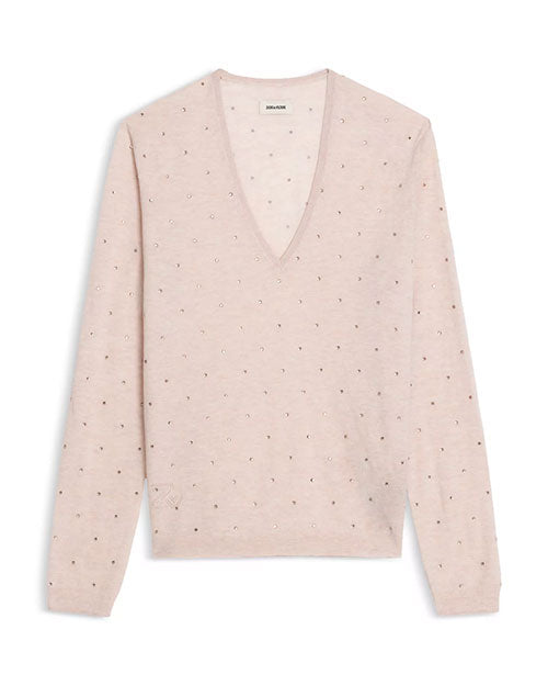 Light pink long-sleeve V-neck sweater with a subtle rhinestone embellishment evenly spaced across the fabric.