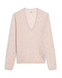 Light pink long-sleeve V-neck sweater with a subtle rhinestone embellishment evenly spaced across the fabric.