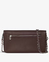 Front view of a dark brown leather handbag featuring a silver zipper pocket and a silver chain strap draped across the bag.