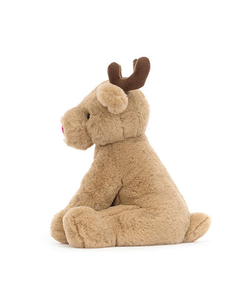 Plush toy resembling a reindeer with light brown fur, darker brown antlers, a pink nose, sitting upright and facing left.