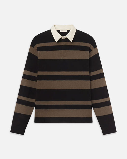 A black and brown striped long-sleeve rugby polo sweater with a contrasting cream collar.