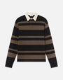 A black and brown striped long-sleeve rugby polo sweater with a contrasting cream collar.