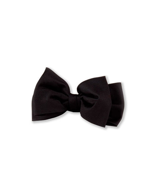 Neatly tied black bow tie with symmetrical loops and tails, typically worn with formal attire such as tuxedos or suits.