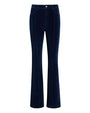 Front view of dark blue velvet pants with a high waist, button and zip closure, and slight flare at the hem.