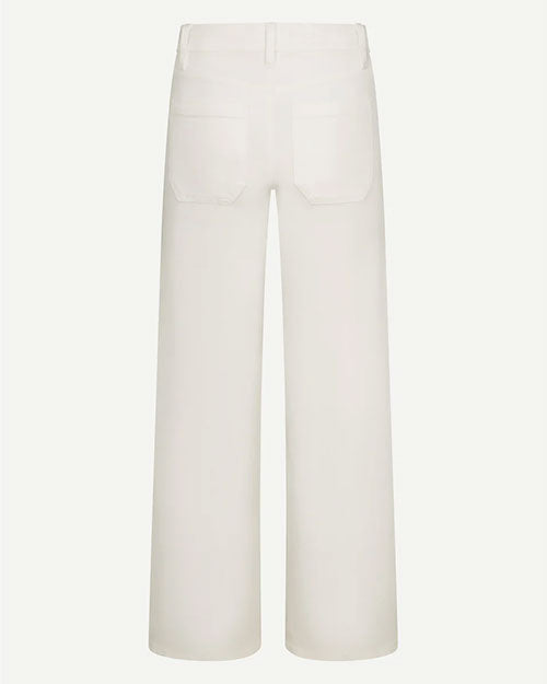 Product image of off-white wide-leg trousers shown from the back against a light background, featuring a high-rise waistband with belt loops and two large square patch pockets. The pants have a structured, tailored silhouette with straight, wide legs and a clean, minimal finish.