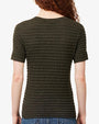 Rear view of a textured knit short-sleeve sweater in a dark olive-brown color. The sweater features a crew neckline, ribbed trim at the neck and sleeves, and an allover wavy horizontal textured pattern. The fitted silhouette falls to the hips and is paired with blue denim jeans. The image is shown against a light gray background.