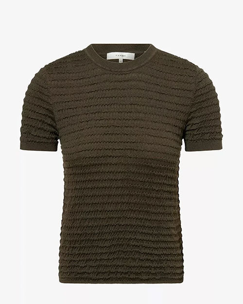 A textured knit short-sleeve sweater in a dark olive-brown color. The sweater features a crew neckline, ribbed trim at the neck and sleeves, and an allover wavy horizontal textured pattern.