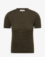 A textured knit short-sleeve sweater in a dark olive-brown color. The sweater features a crew neckline, ribbed trim at the neck and sleeves, and an allover wavy horizontal textured pattern.