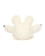 Plush toy shaped like a white bear paw with three fluffy toes, each featuring a small gray claw. The toy has a soft and cuddly texture.