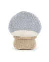 Plush toy shaped like a mushroom with a light gray fluffy cap and a beige textured stem resembling burlap.