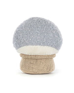 Plush toy shaped like a mushroom with a light gray fluffy cap and a beige textured stem resembling burlap.