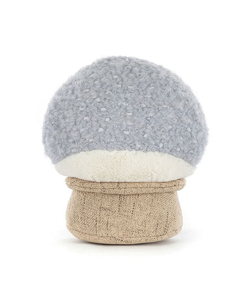 Plush toy shaped like a mushroom with a light gray fluffy cap and a beige textured stem resembling burlap.
