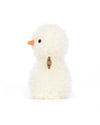 Plush toy resembling a snowman with white fluffy material, black eyes, an orange carrot-shaped nose, and a small brown fabric accessory on its side.