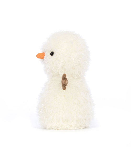 Plush toy resembling a snowman with white fluffy material, black eyes, an orange carrot-shaped nose, and a small brown fabric accessory on its side.