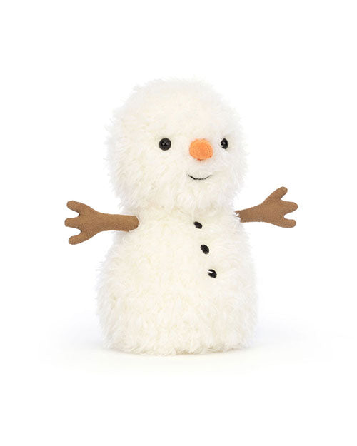 Plush toy resembling a snowman with a fluffy white body, black button eyes, an orange carrot-shaped nose, a small smile, brown stick-like fabric arms, and three black buttons down the front.