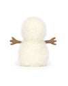 Rear view of a plush snowman toy made of white fluffy material with two round body sections and brown felt twig-like arms extending from the sides.