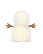 Rear view of a plush snowman toy made of white fluffy material with two round body sections and brown felt twig-like arms extending from the sides.