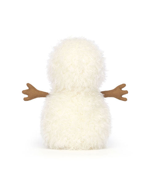 Rear view of a plush snowman toy made of white fluffy material with two round body sections and brown felt twig-like arms extending from the sides.