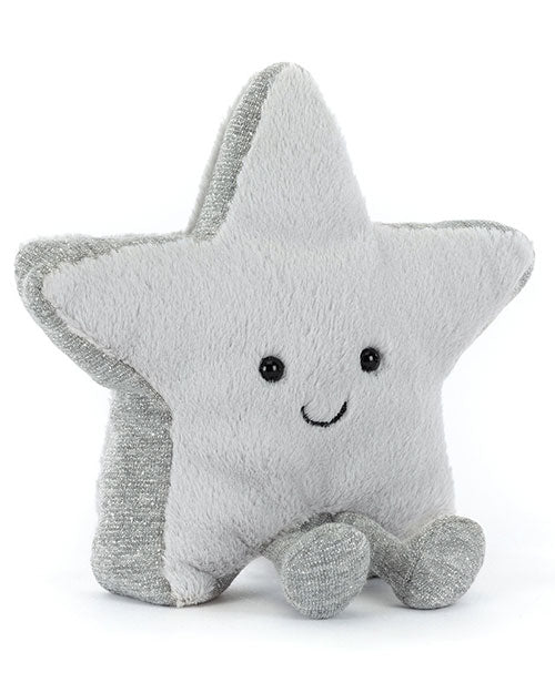 A plush star-shaped toy in light gray with a smiling face, black button eyes, and two small gray legs. The sides of the star have a slightly shimmery silver texture.