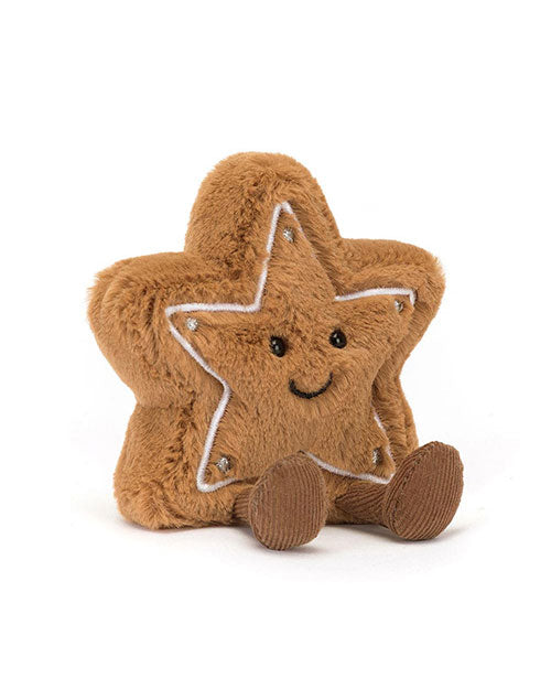 Plush star-shaped toy with a soft brown fuzzy texture, embroidered eyes and smile, white stitched edges with silver accents at each point, and two small corduroy legs at the bottom.