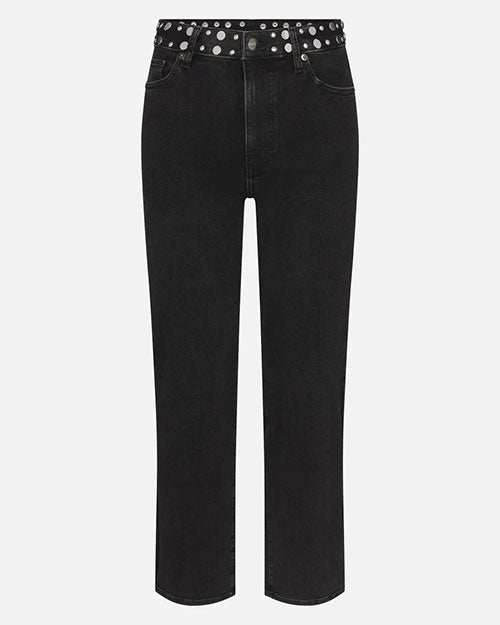 Front view of high-waisted black jeans with straight legs, shown flat against a white background, paired with a black studded belt.