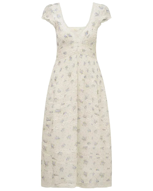 Front view of a white ankle-length dress with short flutter sleeves, a deep V-neckline, and a subtle blue floral pattern. The dress features lace detailing and a fitted waist with a flowing skirt.