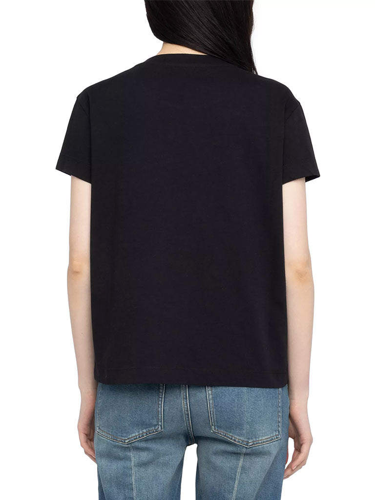 A person shown from the back wearing a plain black short‑sleeve t‑shirt and light blue jeans.