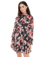 Person wearing a black and pink floral chiffon mini dress with a high ruffle neckline, long sheer sleeves with tie cuffs, a cinched waist, and a tiered ruffle hem.