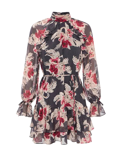 A black and pink floral chiffon mini dress with a high ruffle neckline, long sheer sleeves with tie cuffs, a cinched waist, and a tiered ruffle hem.