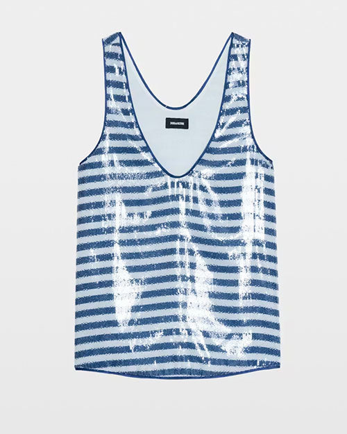  A sleeveless V‑neck tank top with horizontal blue and silver metallic stripes. The top has a relaxed, slightly loose fit.