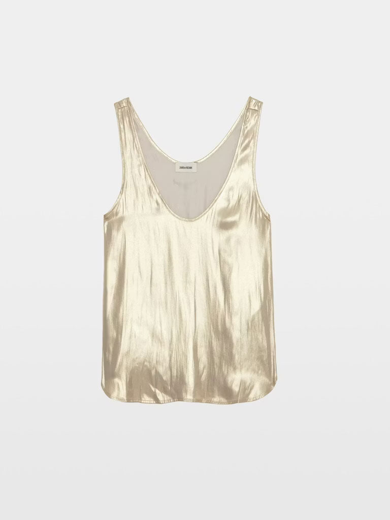 A gold metallic sleeveless tank top with a deep scoop neckline and a softly draped, slightly rounded hem.