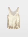A gold metallic sleeveless tank top with a deep scoop neckline and a softly draped, slightly rounded hem.