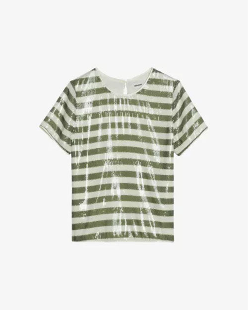 A short-sleeve T-shirt displayed against a plain background. The shirt features horizontal olive green and white stripes with a shiny, sequined texture. It has a round neckline and a straight, relaxed fit. The fabric appears lightweight and slightly reflective.