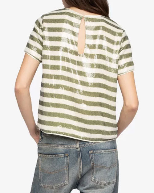 Back view of a short-sleeve T-shirt with horizontal olive green and white stripes. The shirt features a small keyhole opening at the upper back near the neckline. It is paired with high-waisted, faded blue jeans with visible back pockets and a relaxed fit. The person’s arms are resting naturally by the sides.